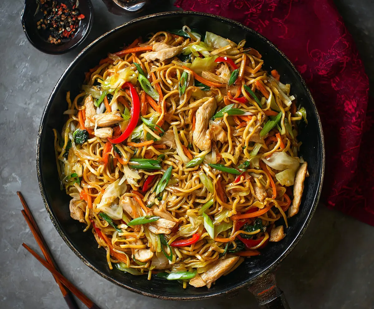 Delicious Chicken Yakisoba noodles with sautéed vegetables and savory sauce