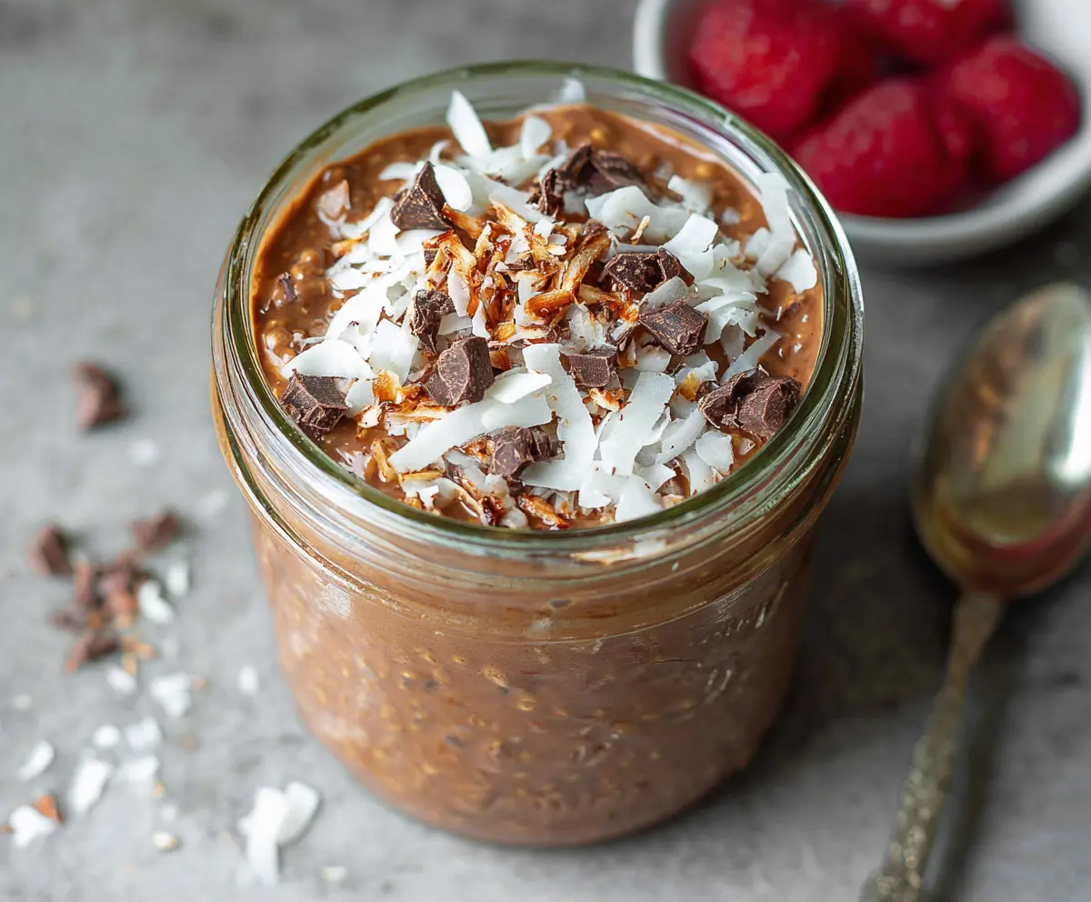 Creamy Chocolate Coconut Overnight Oats in a glass jar topped with shredded coconut and chocolate shavings.