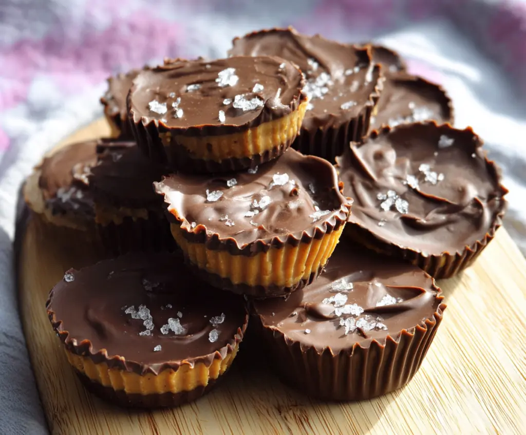 Delicious homemade chocolate peanut butter cups with smooth peanut butter filling and glossy chocolate coating.
