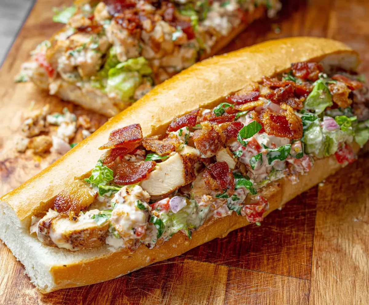 Delicious chopped chicken bacon ranch sandwich with crispy bacon and fresh lettuce on a toasted bun