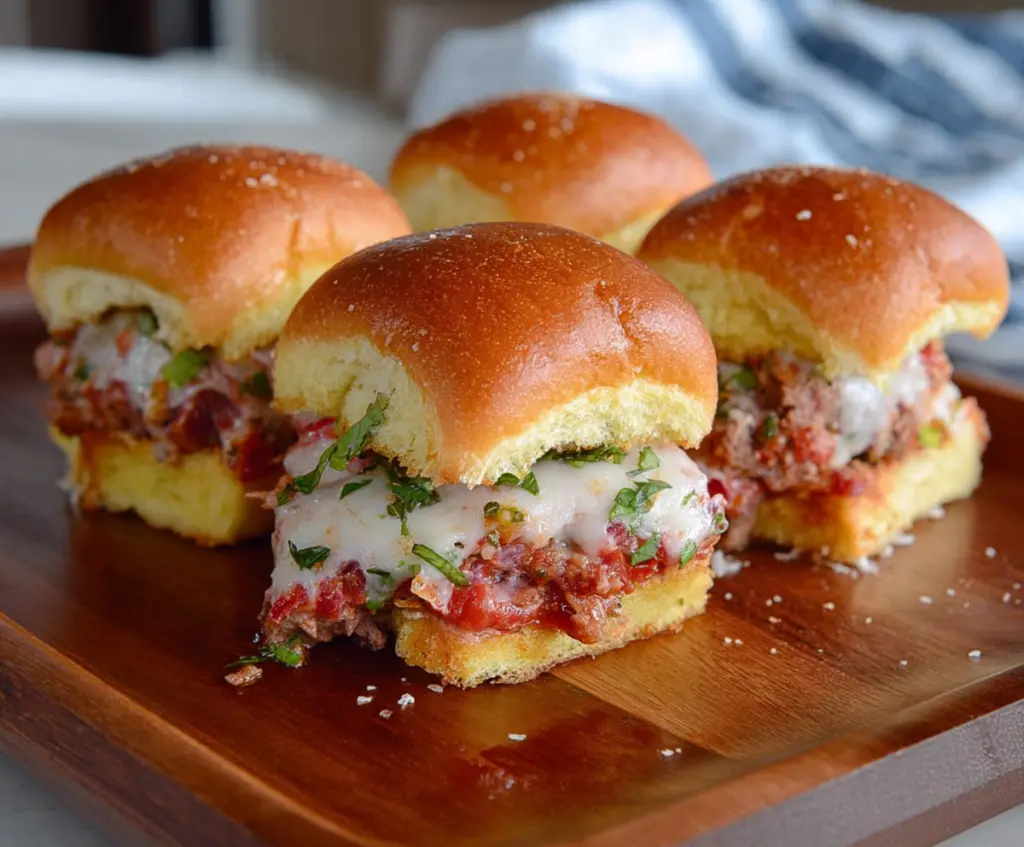 Close-up of chopped Italian sliders with melted cheese and fresh herbs on a plate.