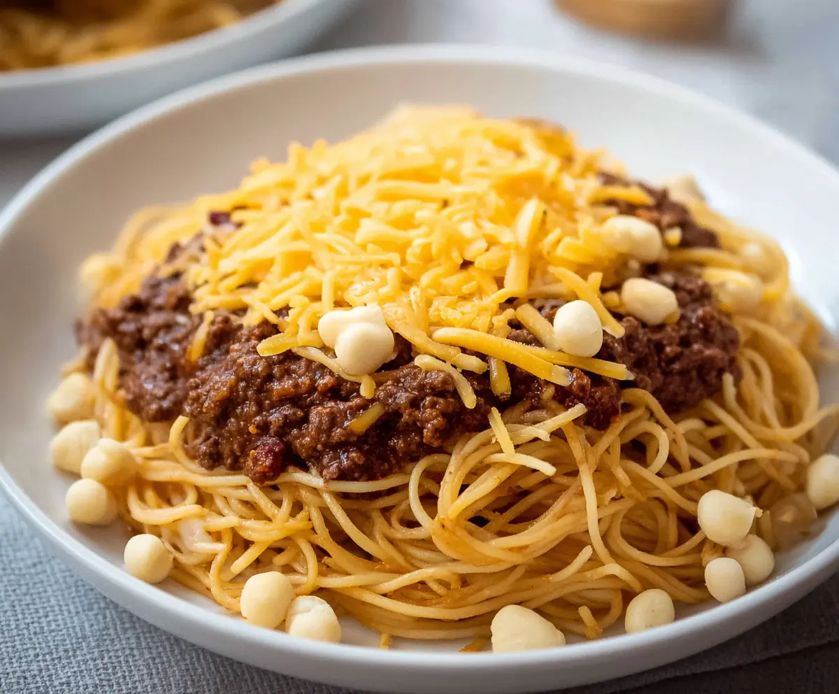 Bowl of Cincinnati Chili Spaghetti topped with cheese and chopped onions, served as a hearty American comfort food.