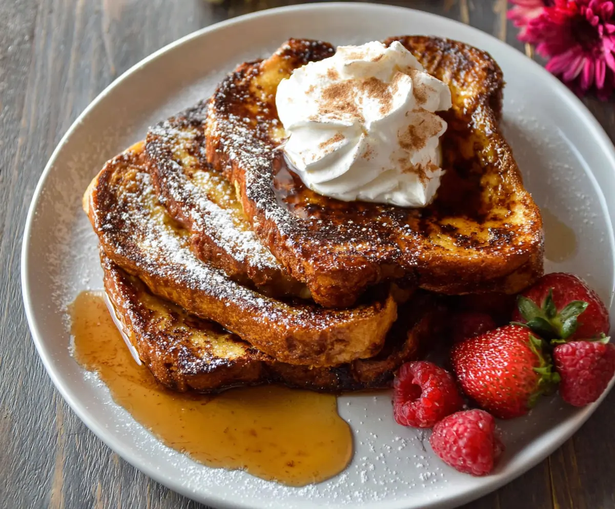 Golden cinnamon French toast topped with powdered sugar on a plate
