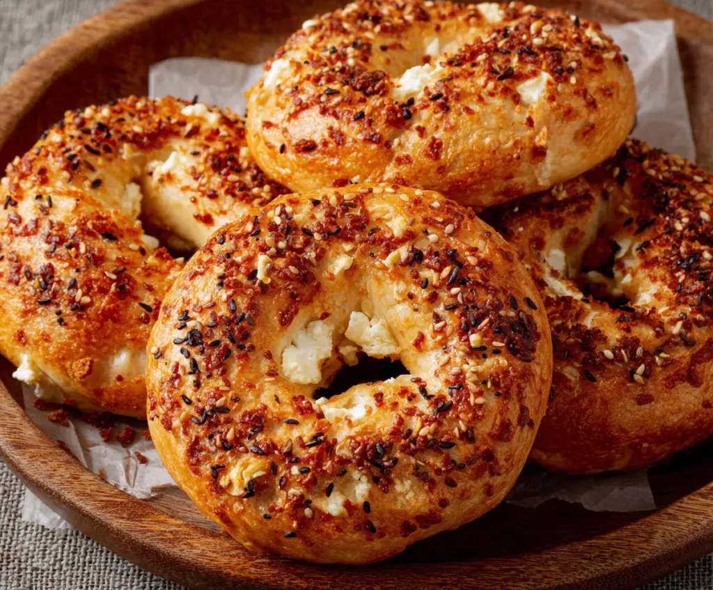 Delicious homemade cottage cheese bagels topped with sesame seeds.