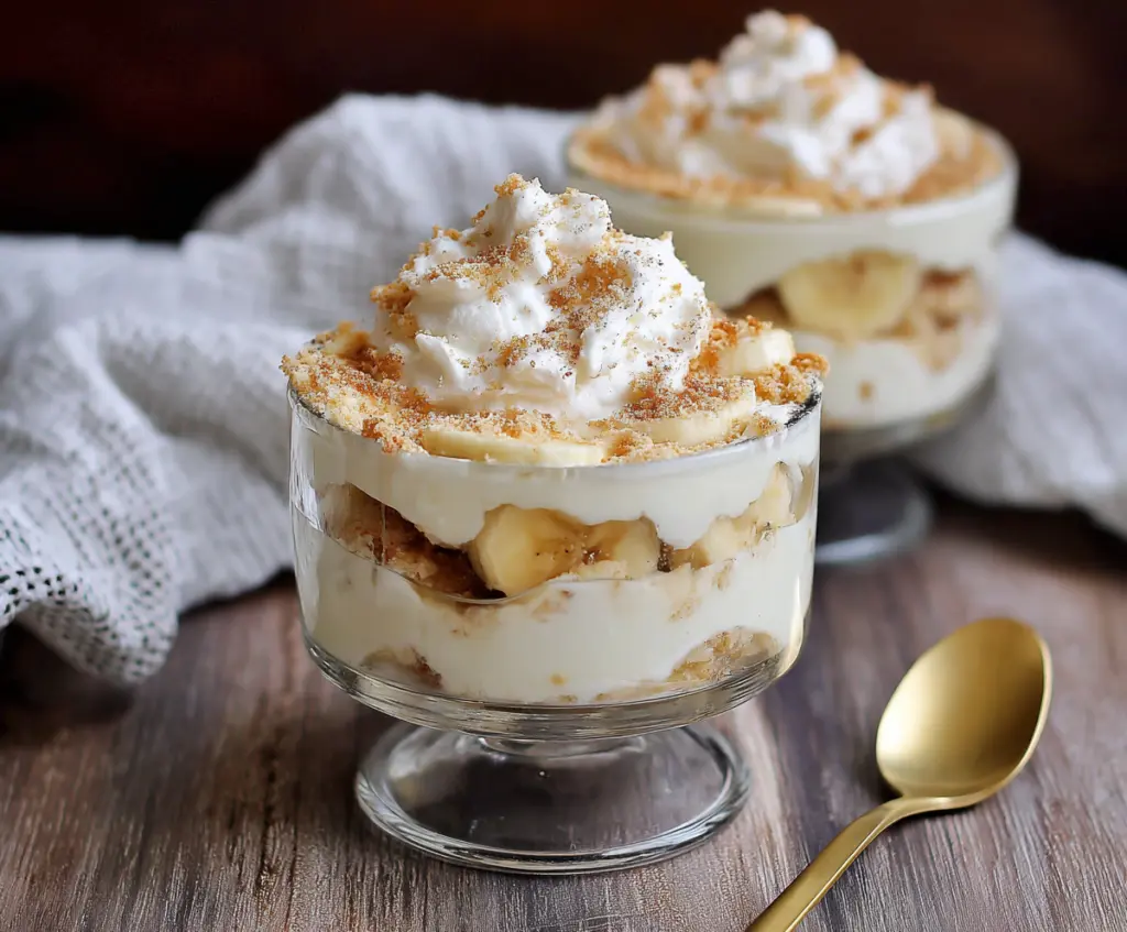 Delicious cottage cheese banana pudding served in a glass bowl, topped with fresh banana slices.