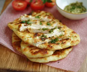 Delicious homemade cottage cheese flatbread garnished with fresh herbs on a rustic wooden table.