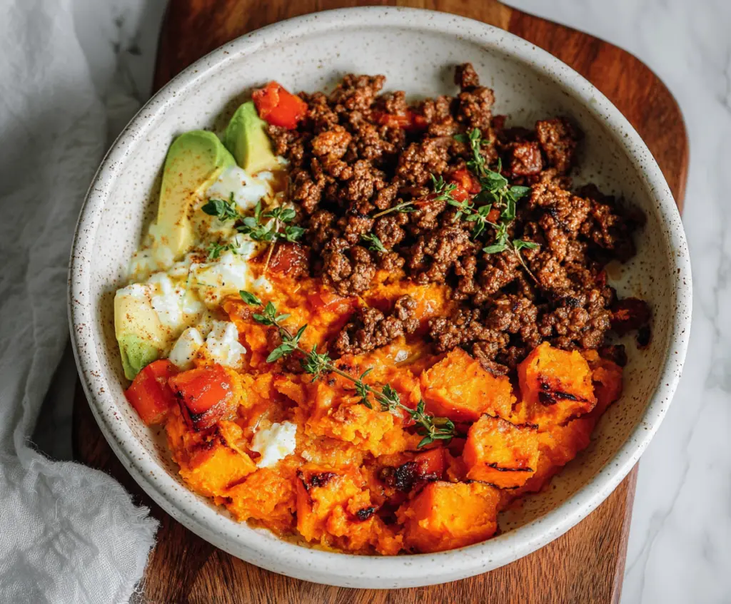 Delicious Cottage Cheese Sweet Potato Beef dish served on a plate, showcasing a healthy and colorful meal.