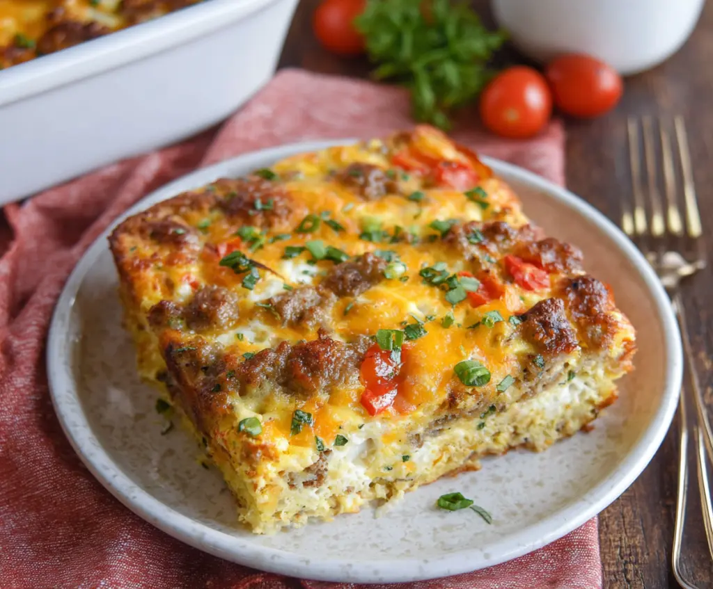 Delicious cottage cheese and turkey sausage breakfast casserole in a baking dish.