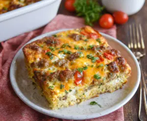 Delicious cottage cheese and turkey sausage breakfast casserole in a baking dish.