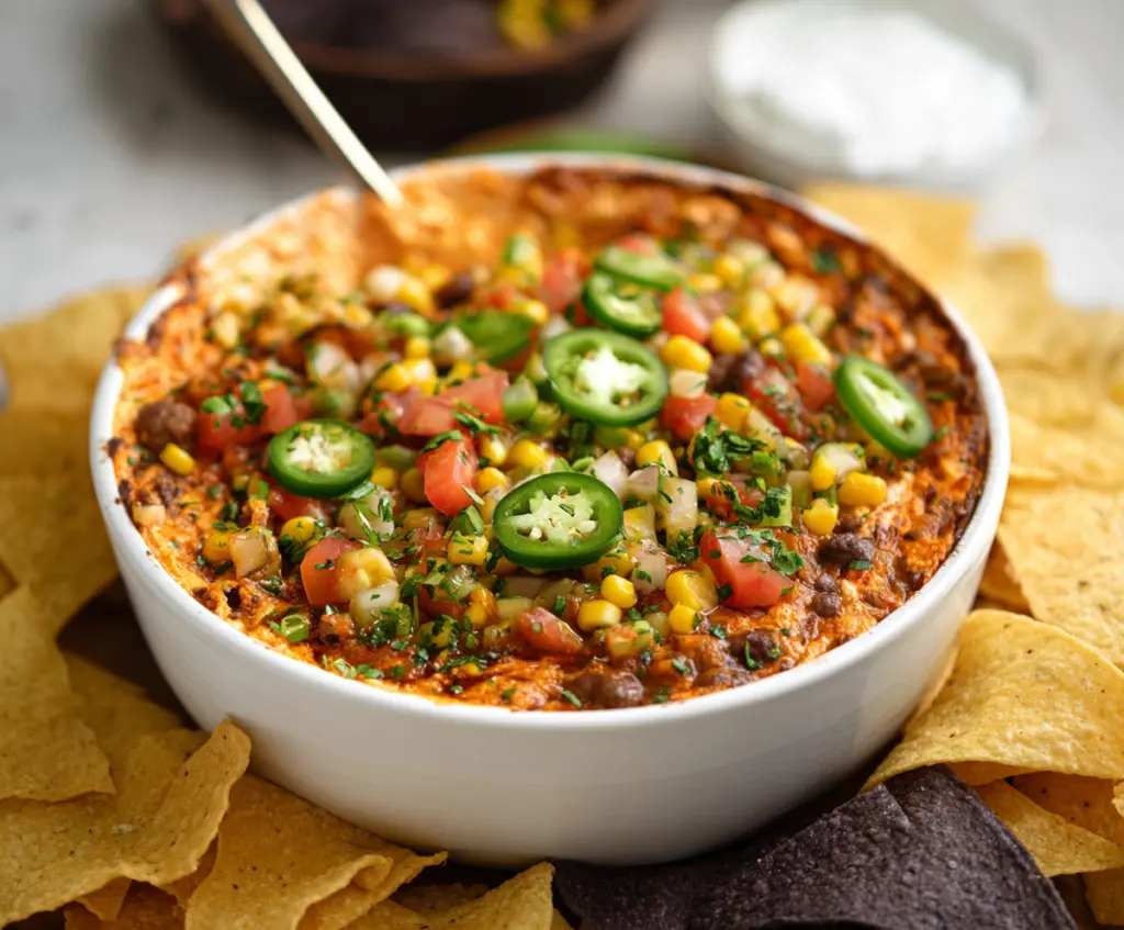 Delicious cowboy dip with melted cheese, ground beef, and crunchy tortilla chips served in a rustic bowl.