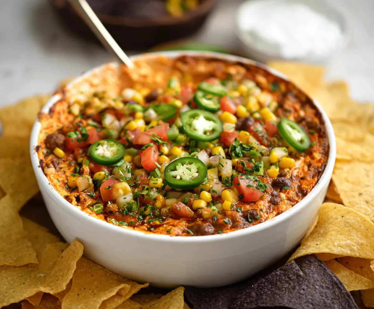 Delicious cowboy dip with melted cheese, ground beef, and crunchy tortilla chips served in a rustic bowl.