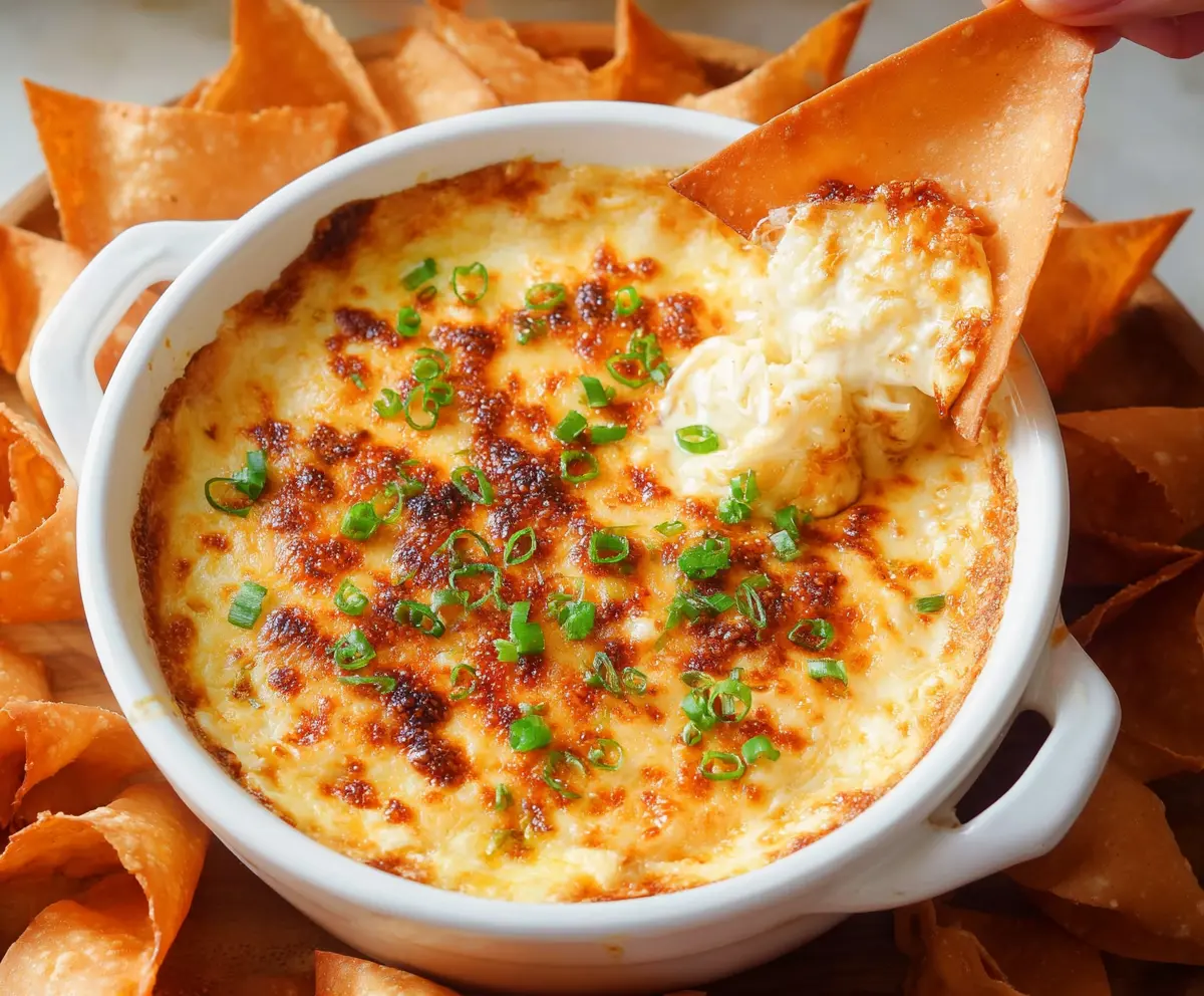Delicious Crab Rangoon Dip served with crispy wonton chips, perfect for dipping and snacking.