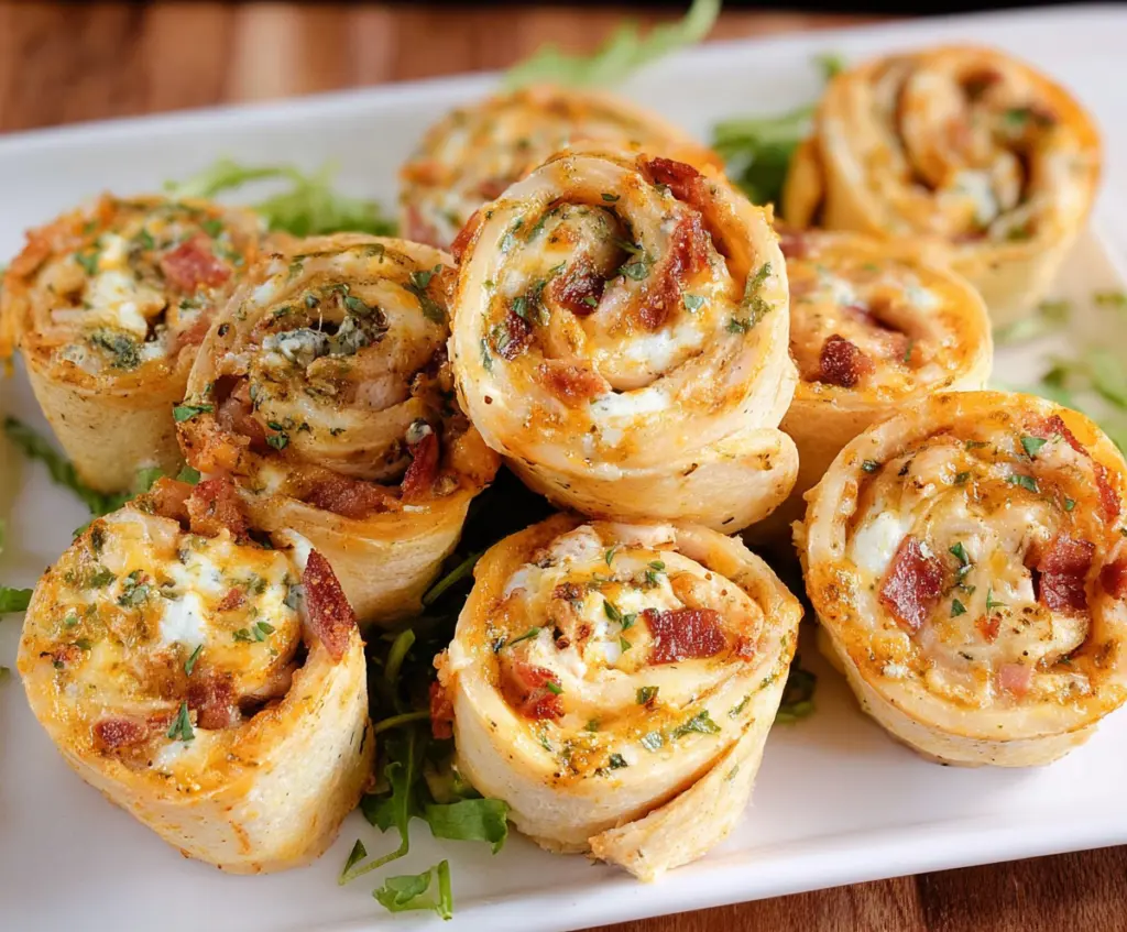Delicious Crack Chicken Pinwheels with crispy golden crust and cheesy filling on a rustic plate