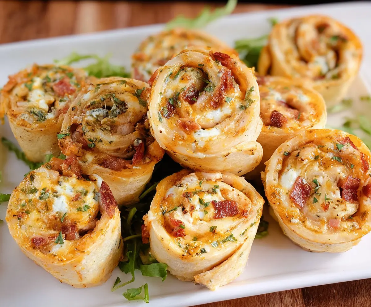 Delicious Crack Chicken Pinwheels with crispy golden crust and cheesy filling on a rustic plate