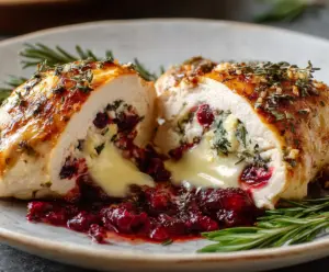 Delicious Cranberry Brie Stuffed Chicken with a golden baked crust and garnish of fresh herbs.