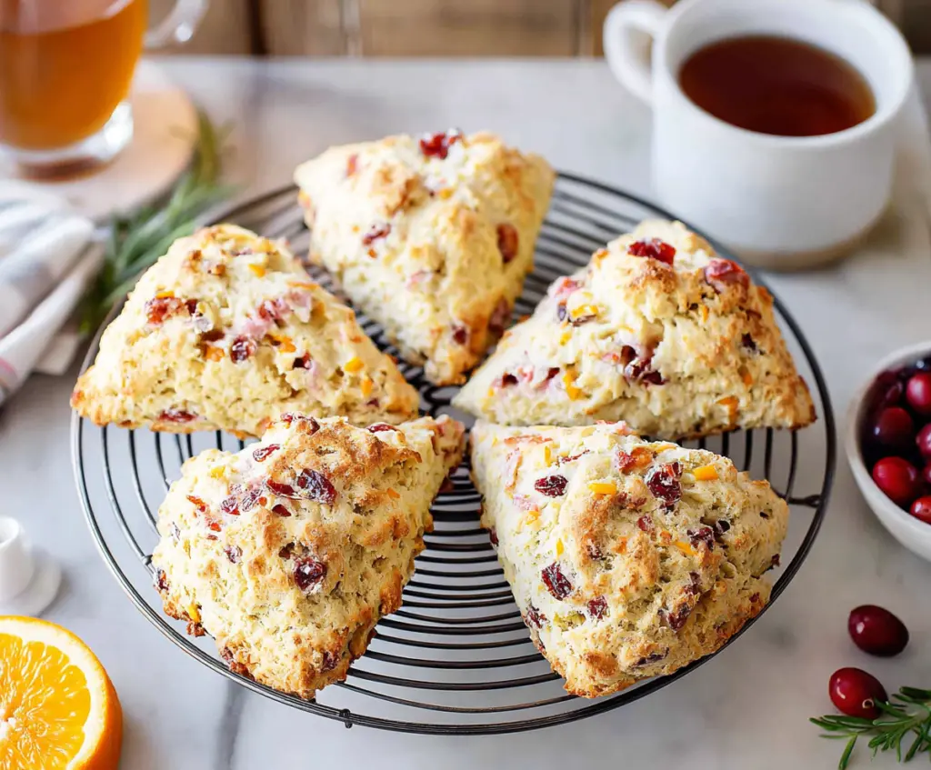 Delicious cranberry orange sourdough scones fresh out of the oven, showcasing a golden-brown crust and vibrant orange bits.