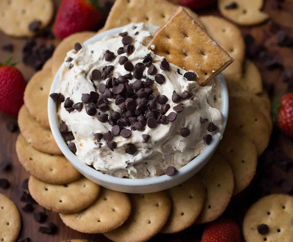 Delicious cream cheese chocolate chip dip served in a bowl with cookies for dipping
