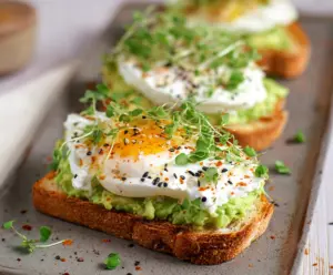Creamy cottage cheese and sliced avocado spread on whole grain toast, topped with herbs for a healthy breakfast.