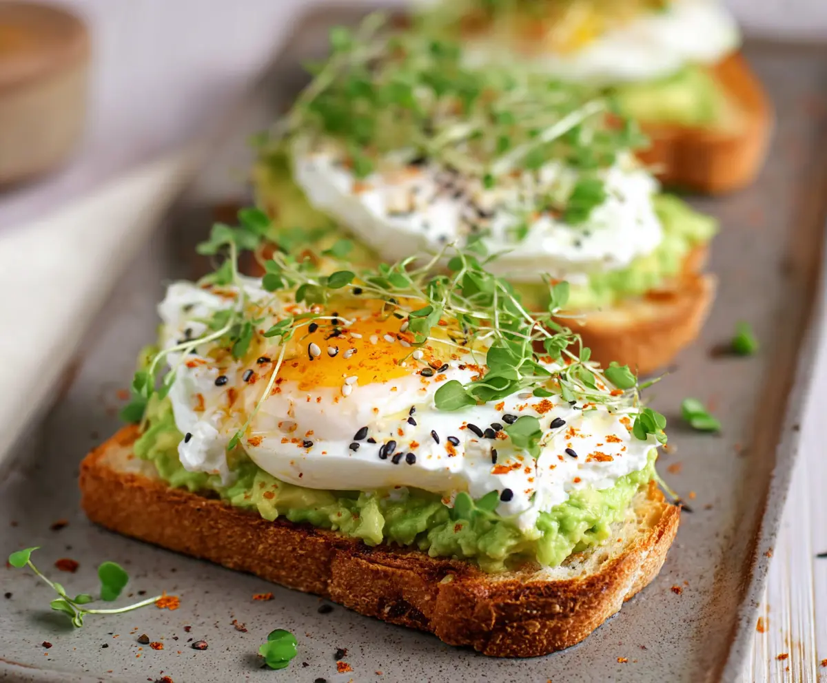 Creamy cottage cheese and sliced avocado spread on whole grain toast, topped with herbs for a healthy breakfast.