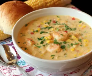 Creamy shrimp and corn soup in a bowl, garnished with fresh herbs and served hot.