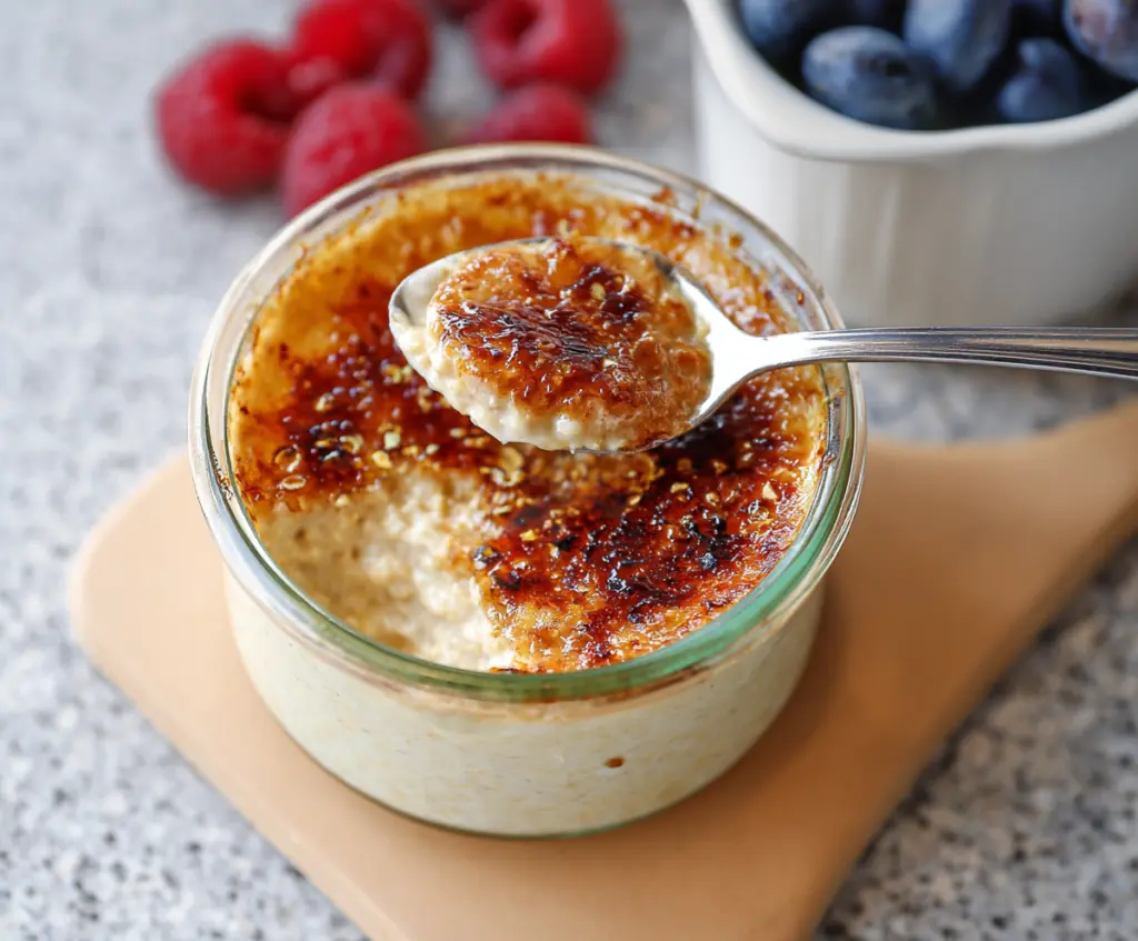 Delicious Crème Brûlée Overnight Oats topped with caramelized sugar and fresh berries.