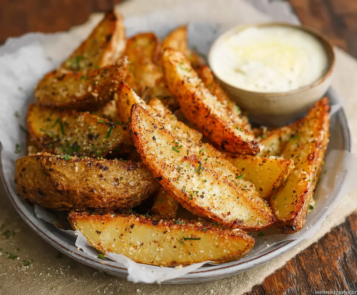 Golden crispy seasoned potato wedges served on a plate, perfect for snack or side dish.