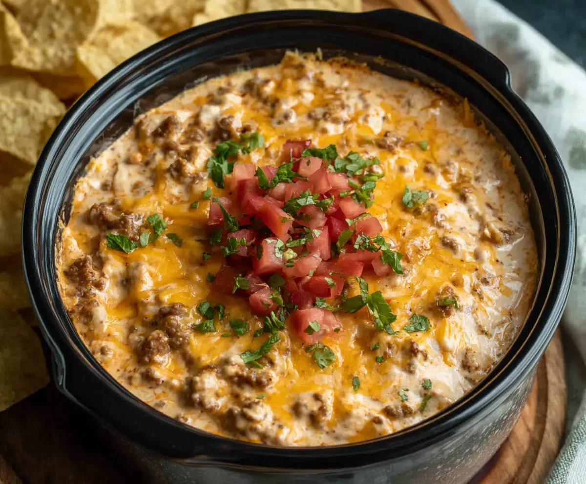 Delicious Crock Pot Cheeseburger Dip in a bowl with melted cheese and toppings