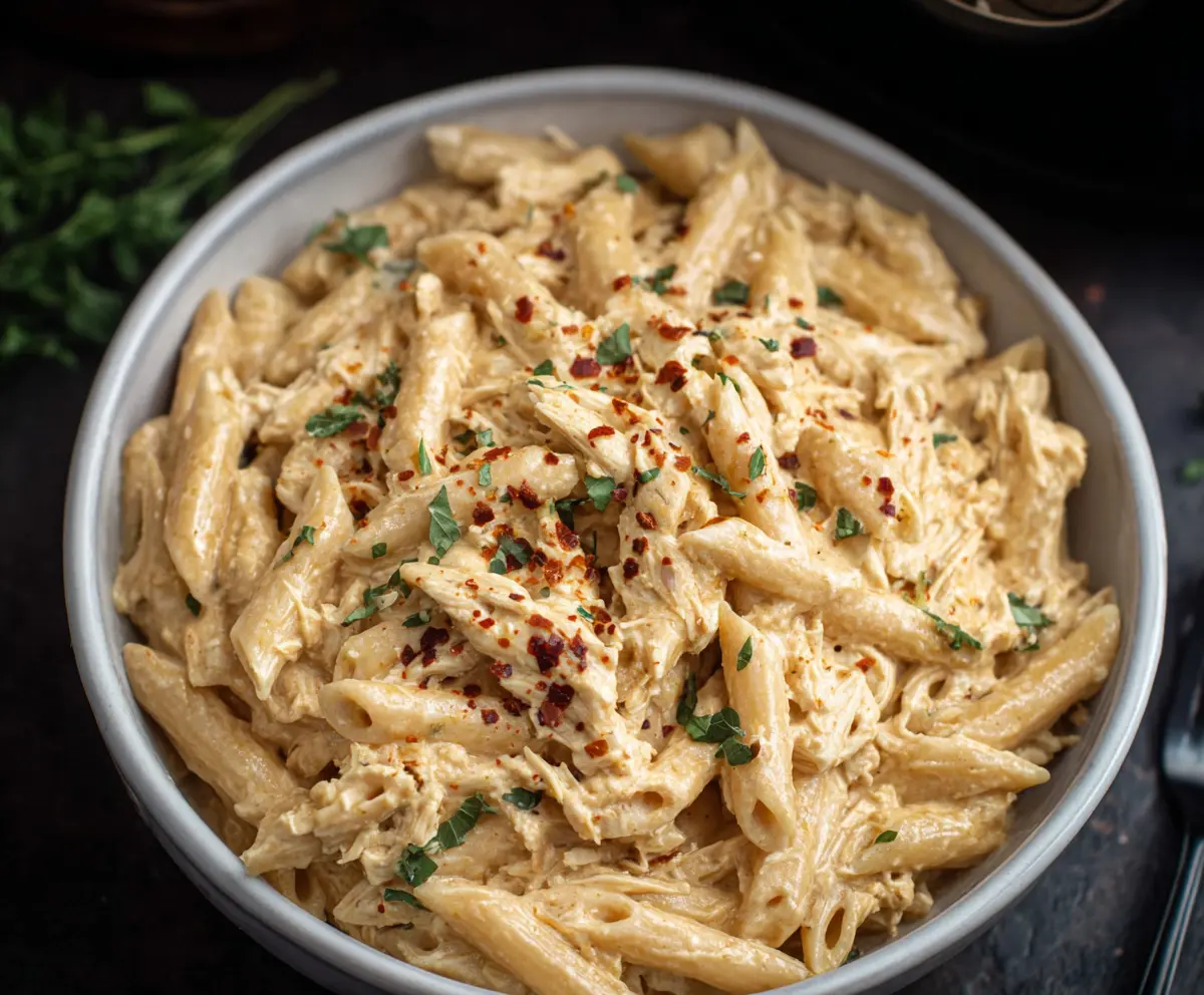 Delicious crockpot chicken pasta served in a bowl, featuring tender chicken, pasta, and fresh herbs.