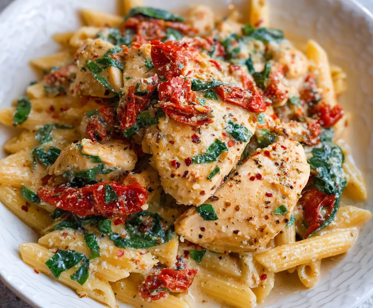 Creamy Crockpot Tuscan Chicken Pasta with cherry tomatoes and spinach served in a bowl.