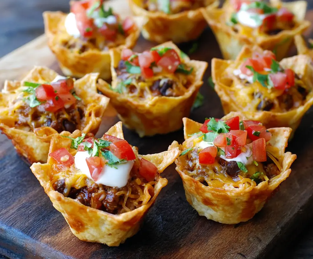 Delicious crunchy nacho cups filled with melted cheese and savory toppings, perfect for snacking.