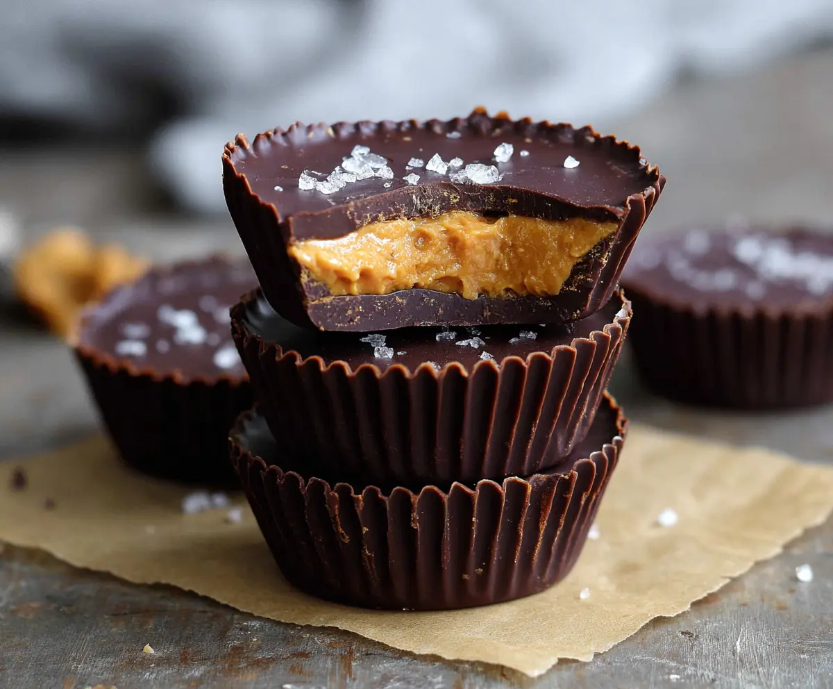 Delicious homemade dark chocolate peanut butter cups served on a white plate.