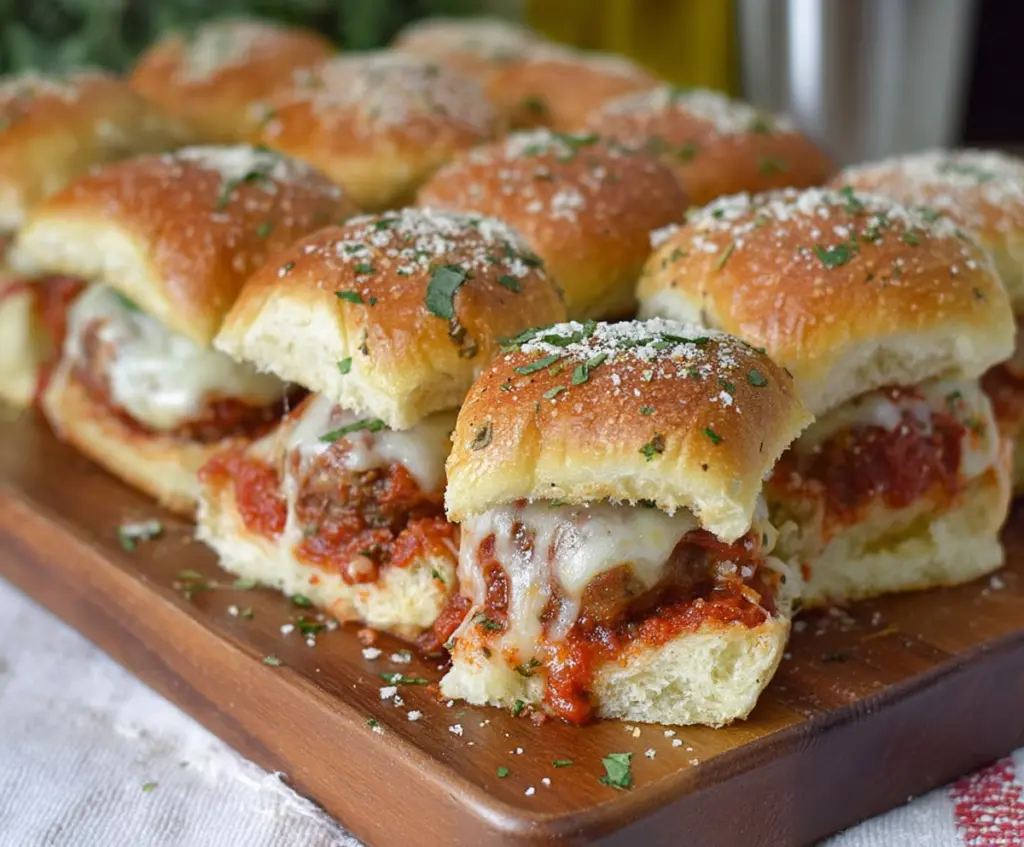 Delicious garlic Parmesan meatball sliders on a platter, showcasing juicy meatballs topped with melted cheese and fresh herbs.