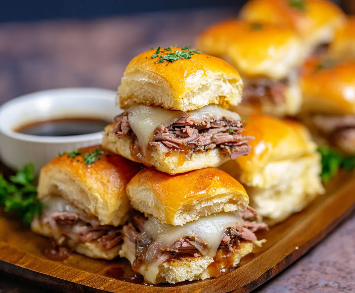 Delicious French Dip Sliders with tender roast beef and melted cheese on soft slider buns.