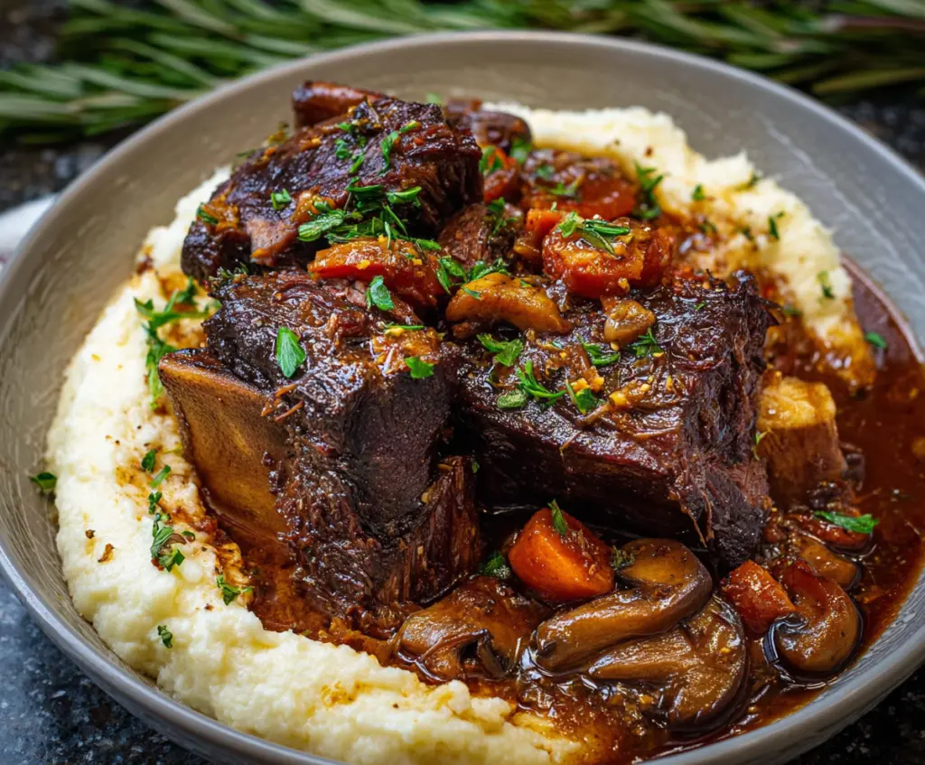 Delicious French-style braised short ribs served with vegetables and herbs