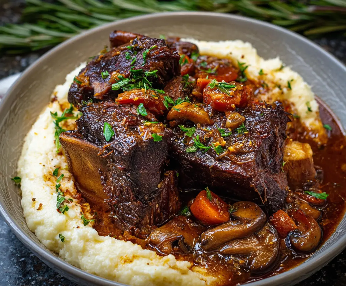 Delicious French-style braised short ribs served with vegetables and herbs