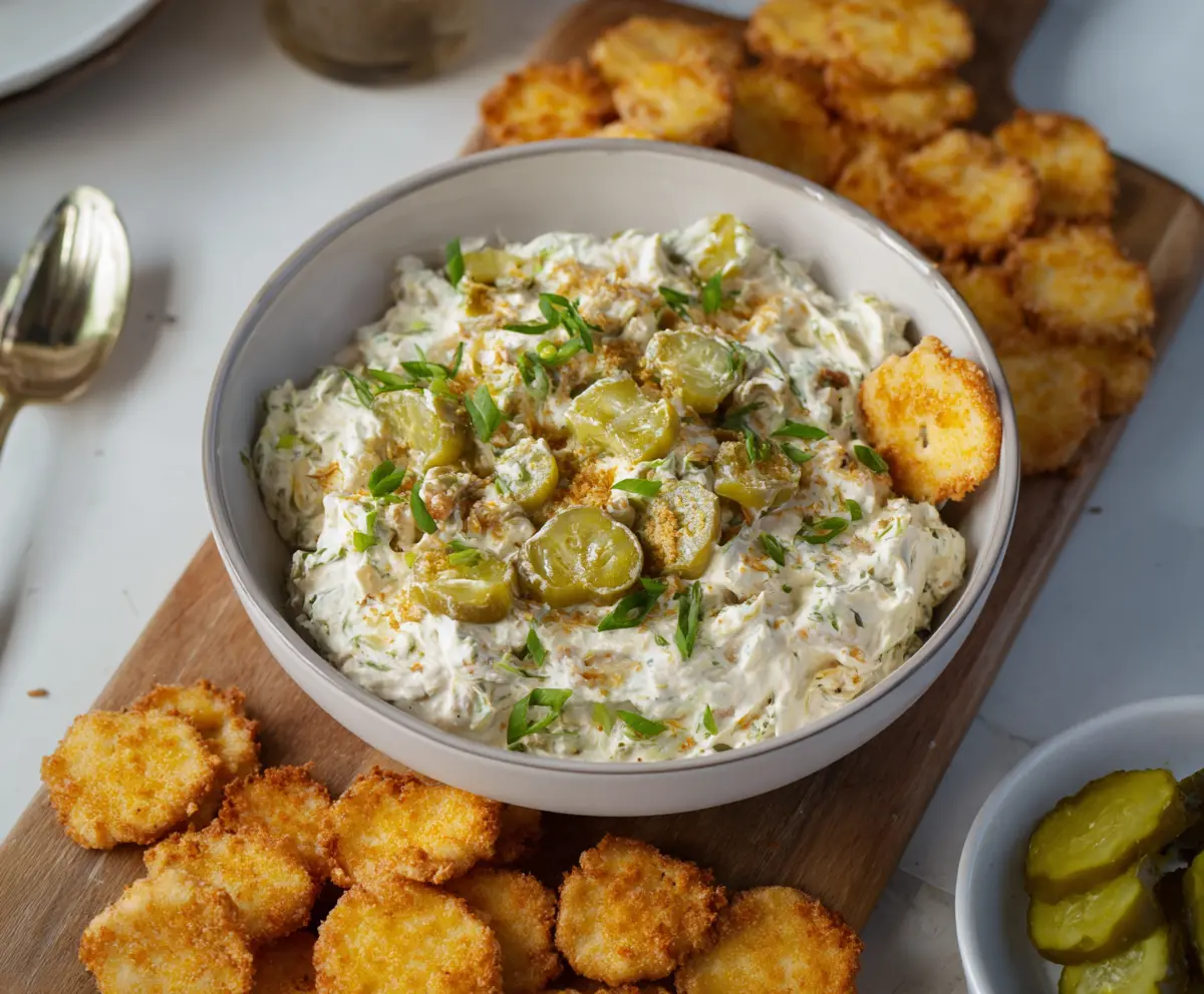 Creamy Fried Pickle Dip served with crispy chips, perfect for snacking and appetizer gatherings.