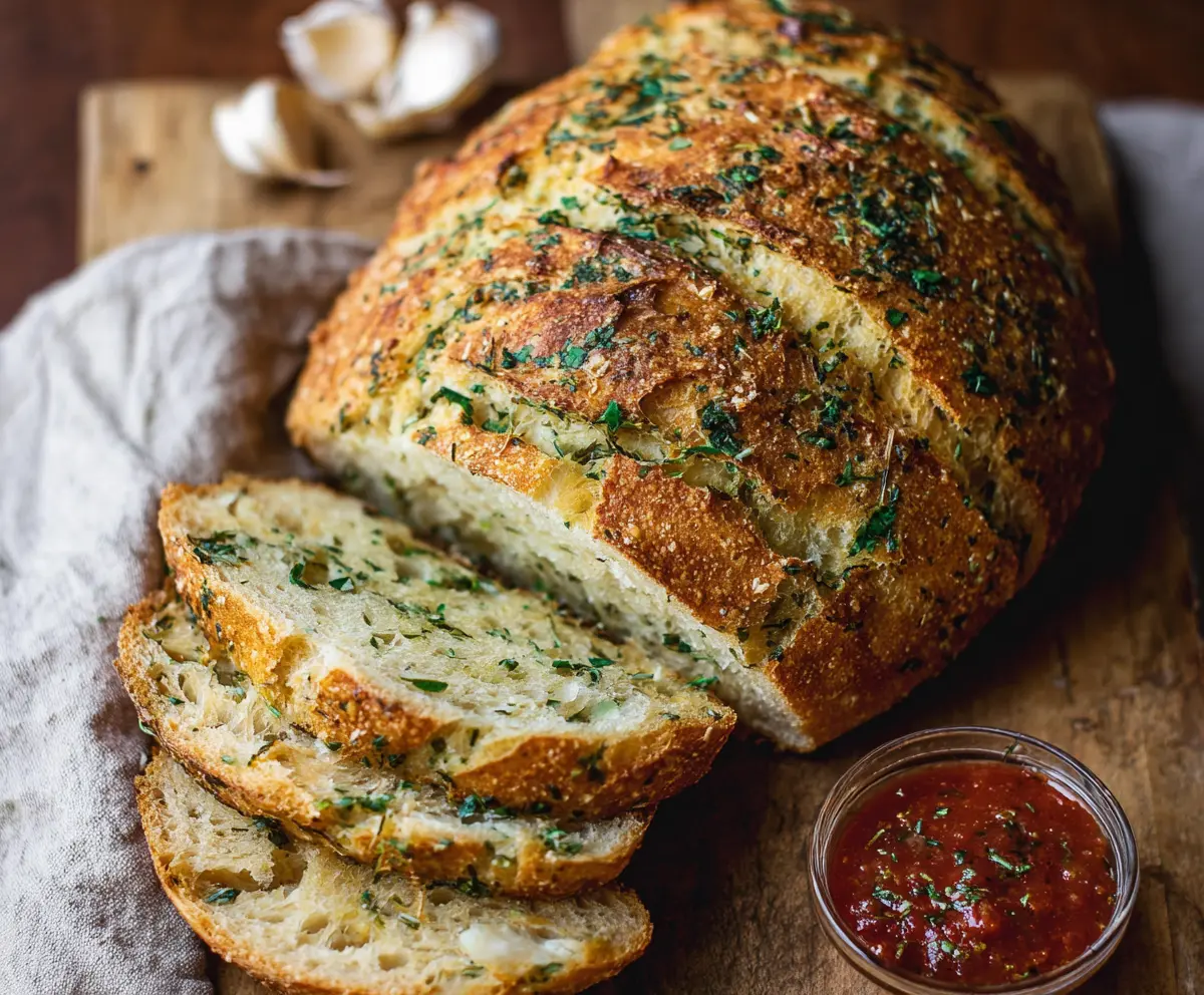 Freshly baked garlic and herb sourdough bread with golden crust and aromatic herbs.