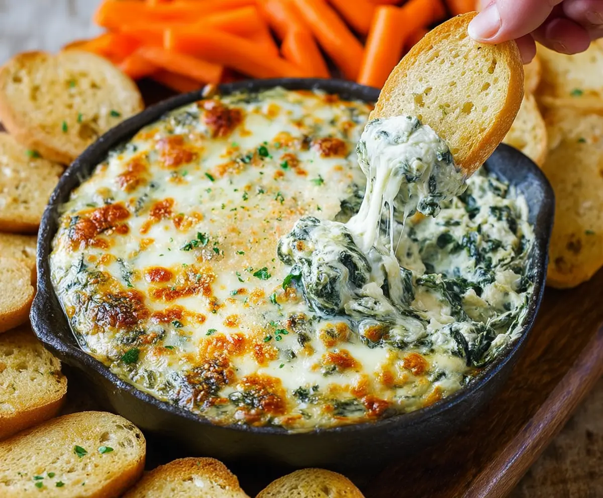 Creamy garlic Parmesan spinach dip served in a bowl, perfect for snacks and parties.