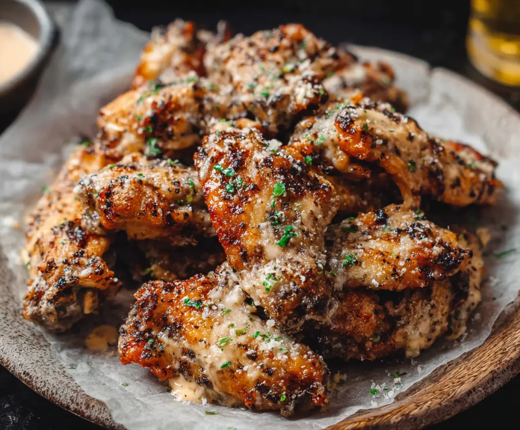 Delicious Garlic Parmesan Wings on a plate with crispy texture and melted cheese.