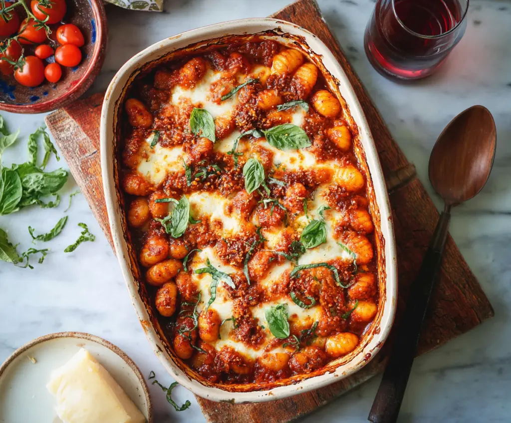 Delicious baked gnocchi pasta with melted cheese and fresh herbs, perfect for a comforting meal.