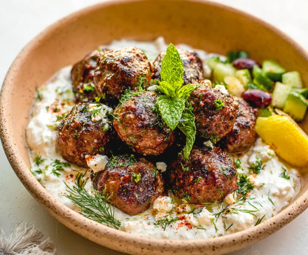 Delicious Greek meatballs served with fresh herbs and lemon for a flavorful Mediterranean meal.