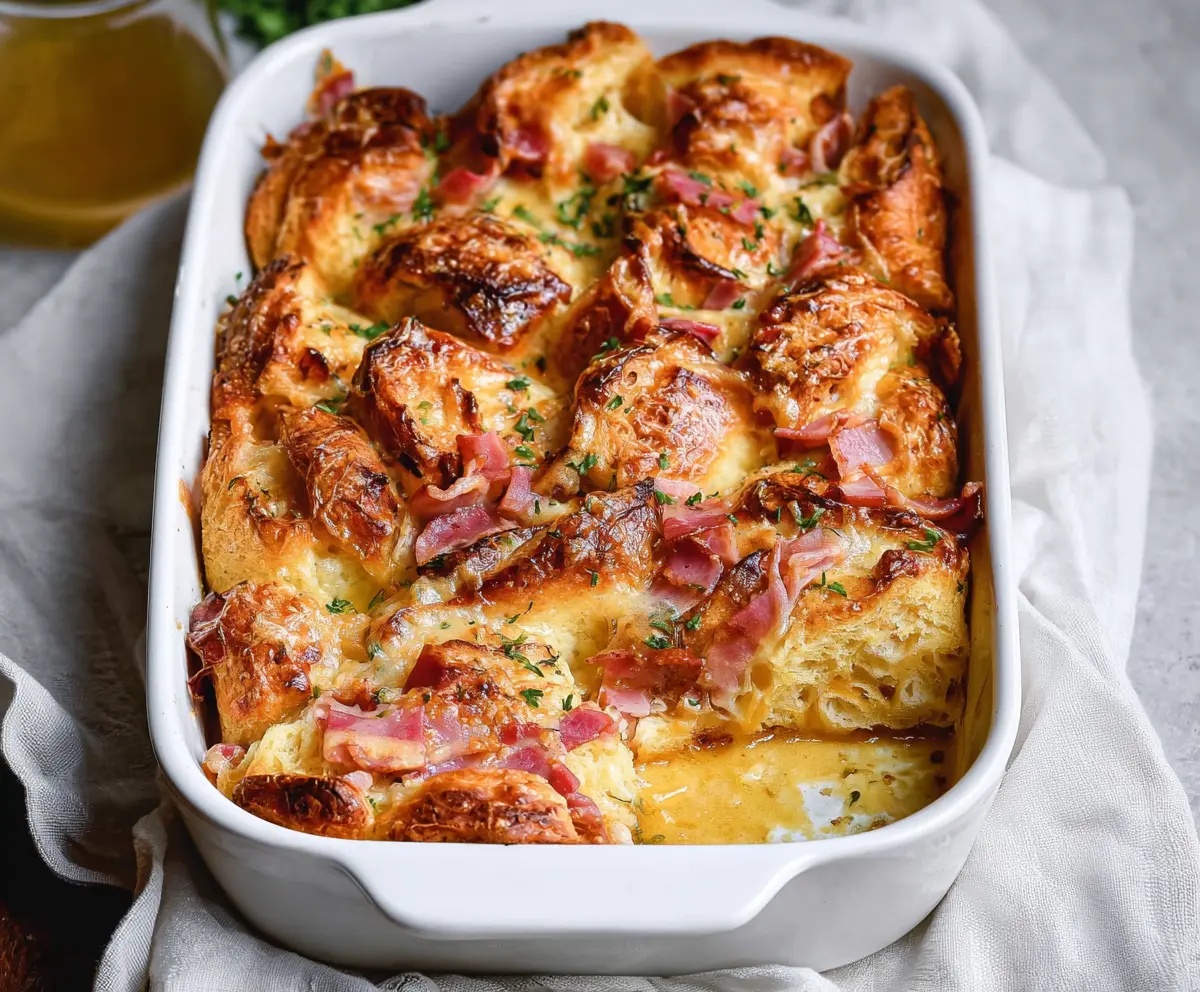 Delicious Ham and Cheese Croissant Casserole with golden-brown crust and melty cheese slices.