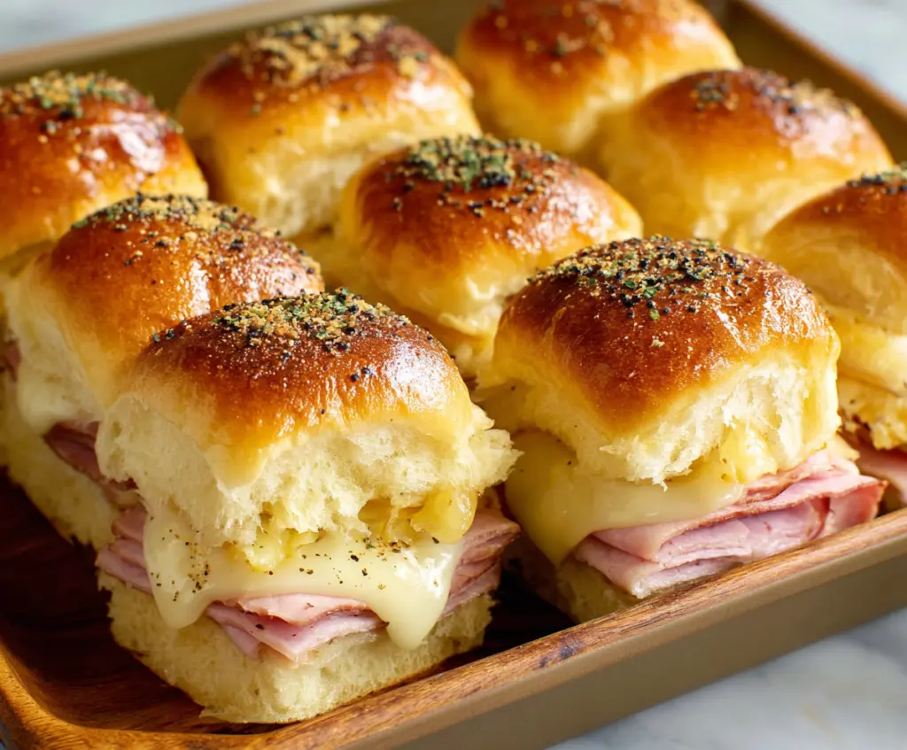Delicious homemade Ham and Cheese Hawaiian Roll Sliders arranged on a serving platter, perfect for parties.