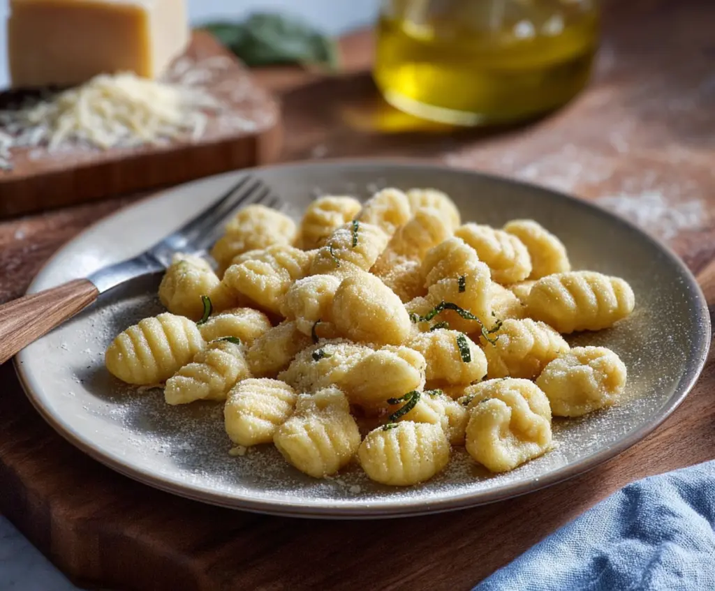Homemade potato gnocchi served with fresh herbs on a rustic plate
