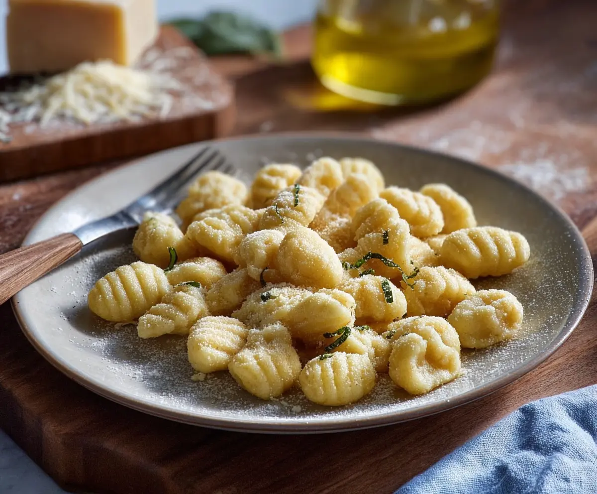 Homemade potato gnocchi served with fresh herbs on a rustic plate