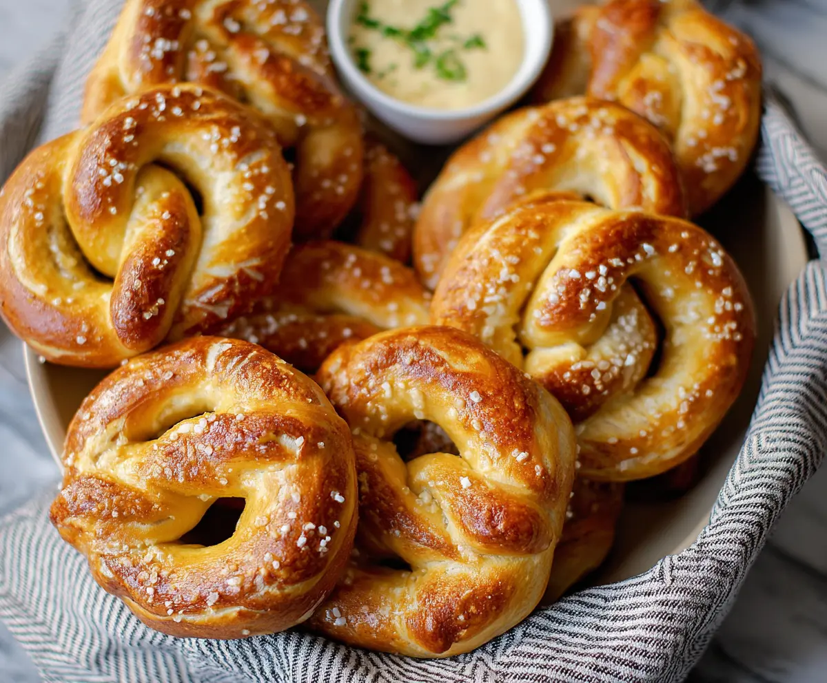 Golden homemade pretzels served with creamy queso dip for a delicious snack.