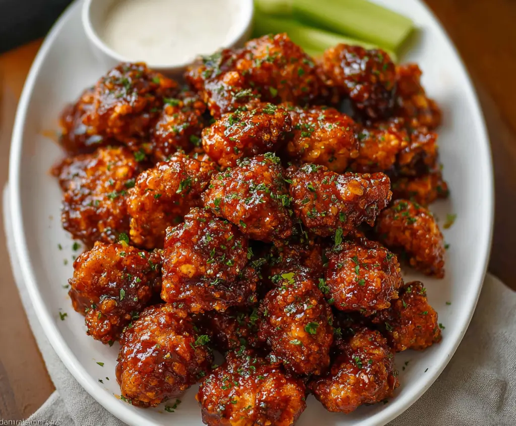 Delicious honey BBQ popcorn chicken served on a plate with a crispy golden exterior and glossy sauce.