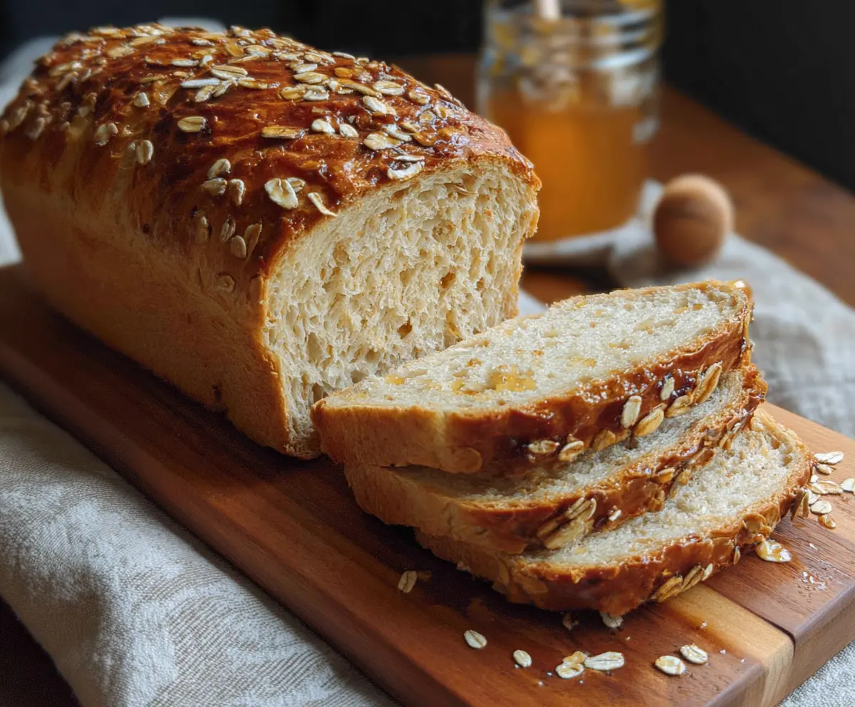 Fresh homemade Honey Oat Sourdough Sandwich Bread on a wooden cutting board.