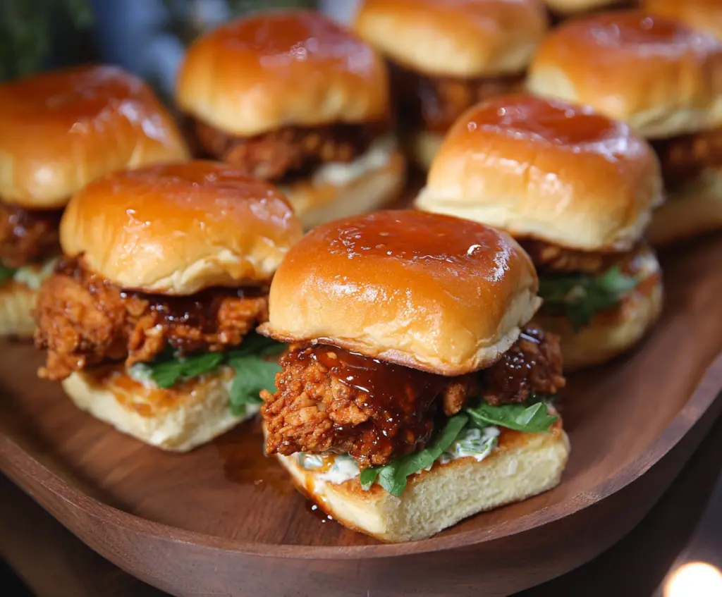 Delicious Hot Honey Chicken Sliders on a plate, featuring crispy chicken and drizzled honey, perfect for a flavorful appetizer.