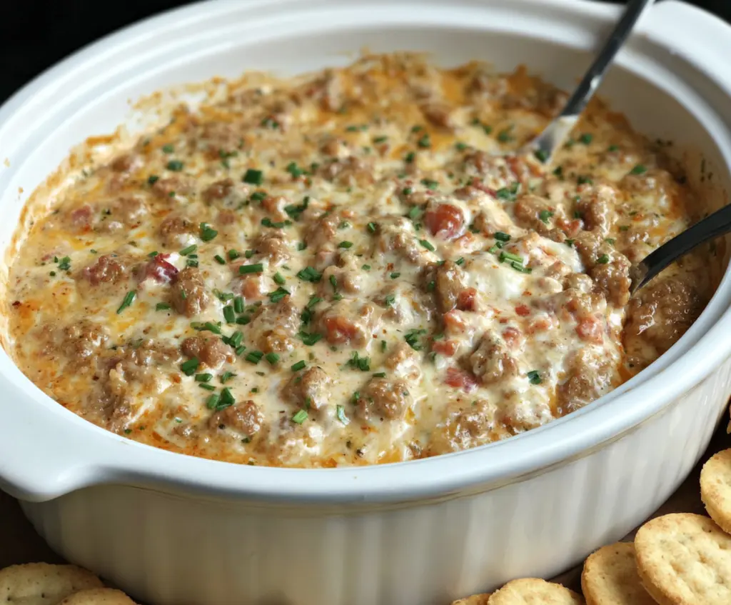 Creamy hot ranch sausage dip served with chips, perfect for parties and gatherings